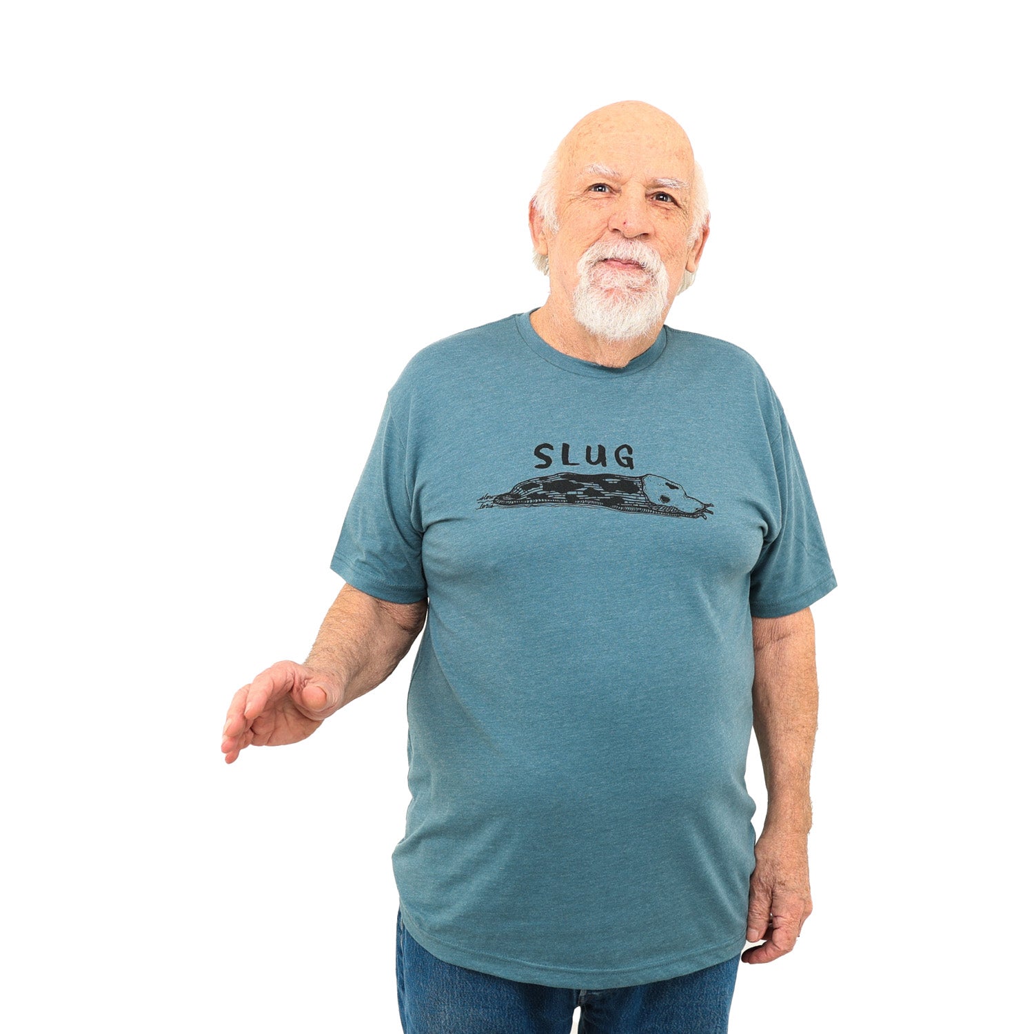 man wearing blue t shirt with a slug and the word "SLUG" printed in black ink