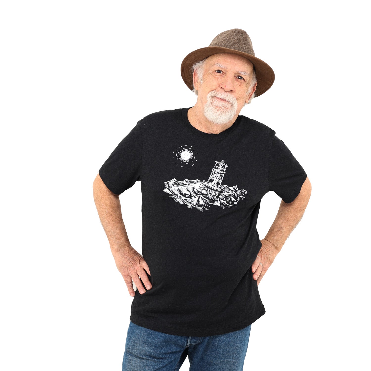 Man wearing black t-shirt with white ink of stormy seas and a rocking channel marker and a moon/sun in the distance.