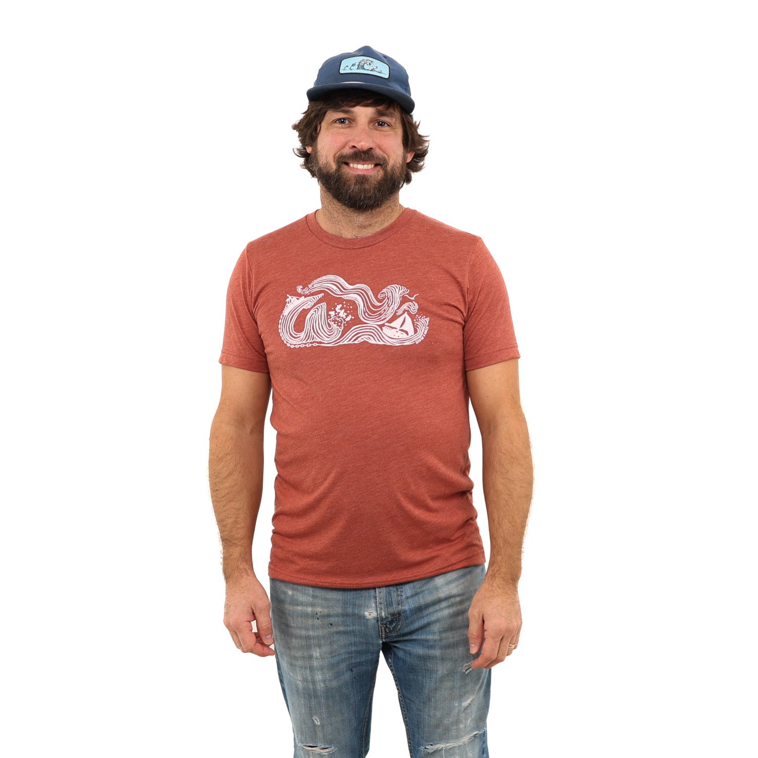 Clay t-shirt with white print of big winds and big seas tossing boats around.