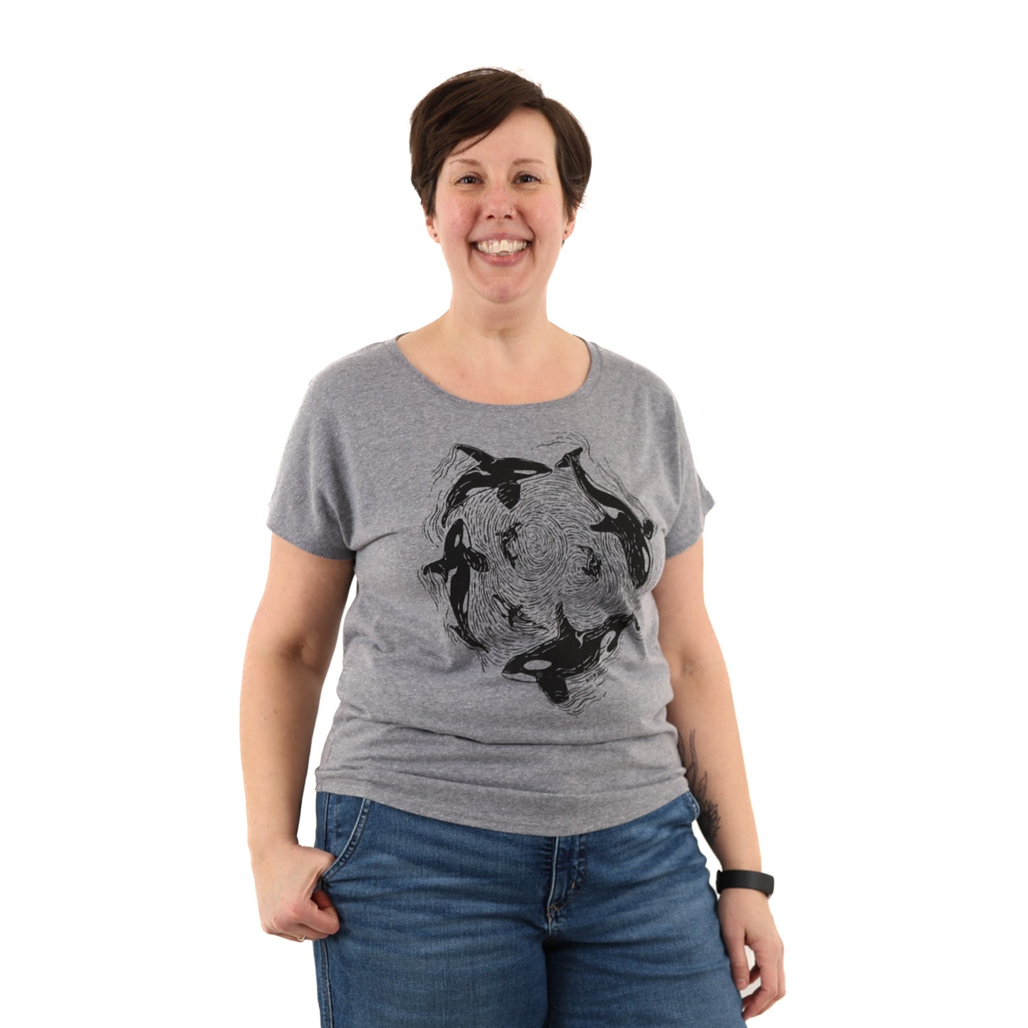 Woman wearing relax fit grey t shirt with orca whales printed in black ink