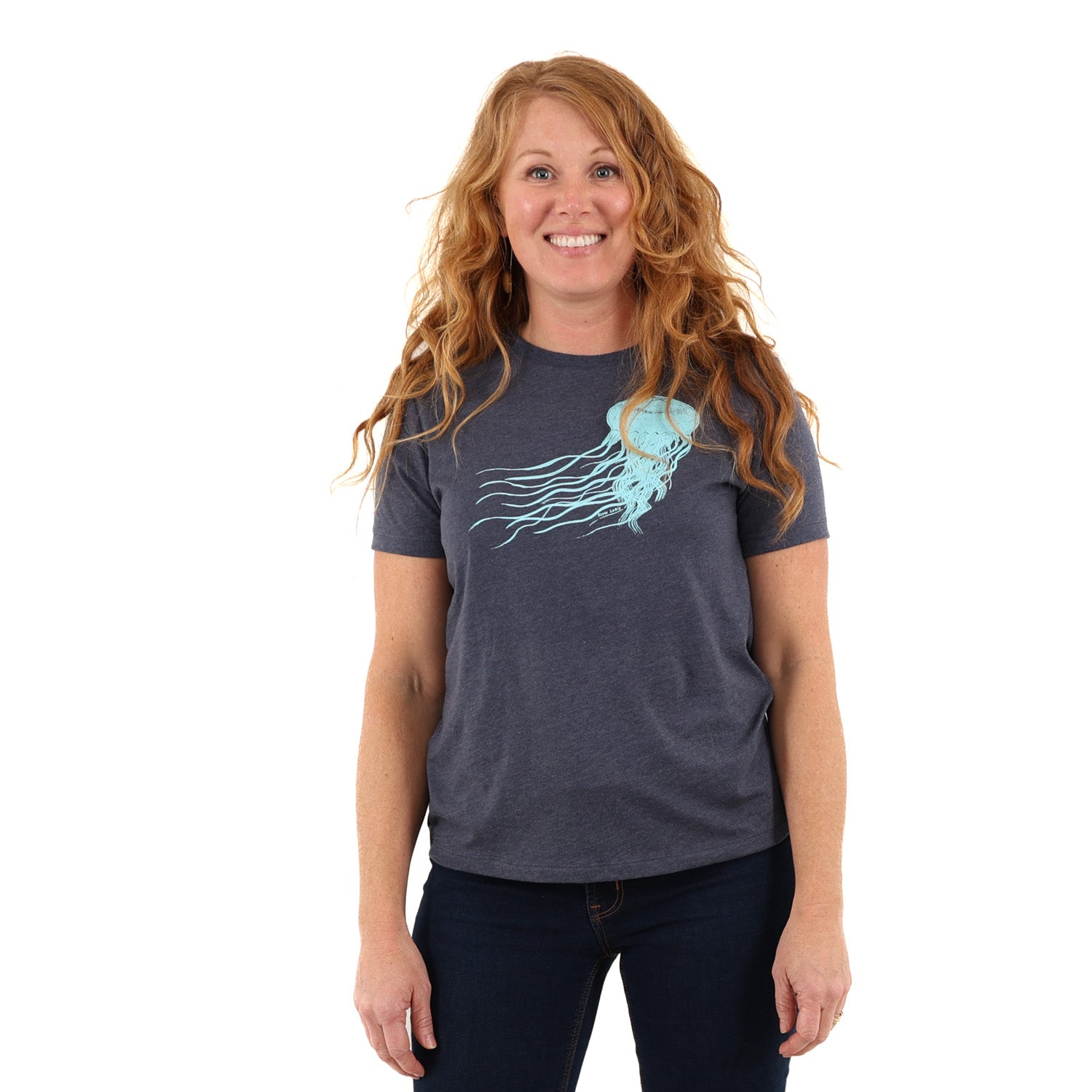 woman wearing slow loris blue t shirt with light blue jellyfish print.