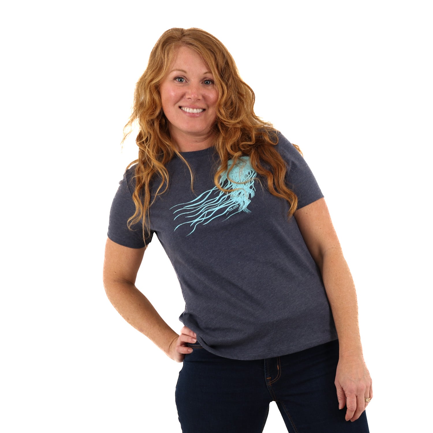 woman wearing slow loris blue t shirt with light blue jellyfish print.