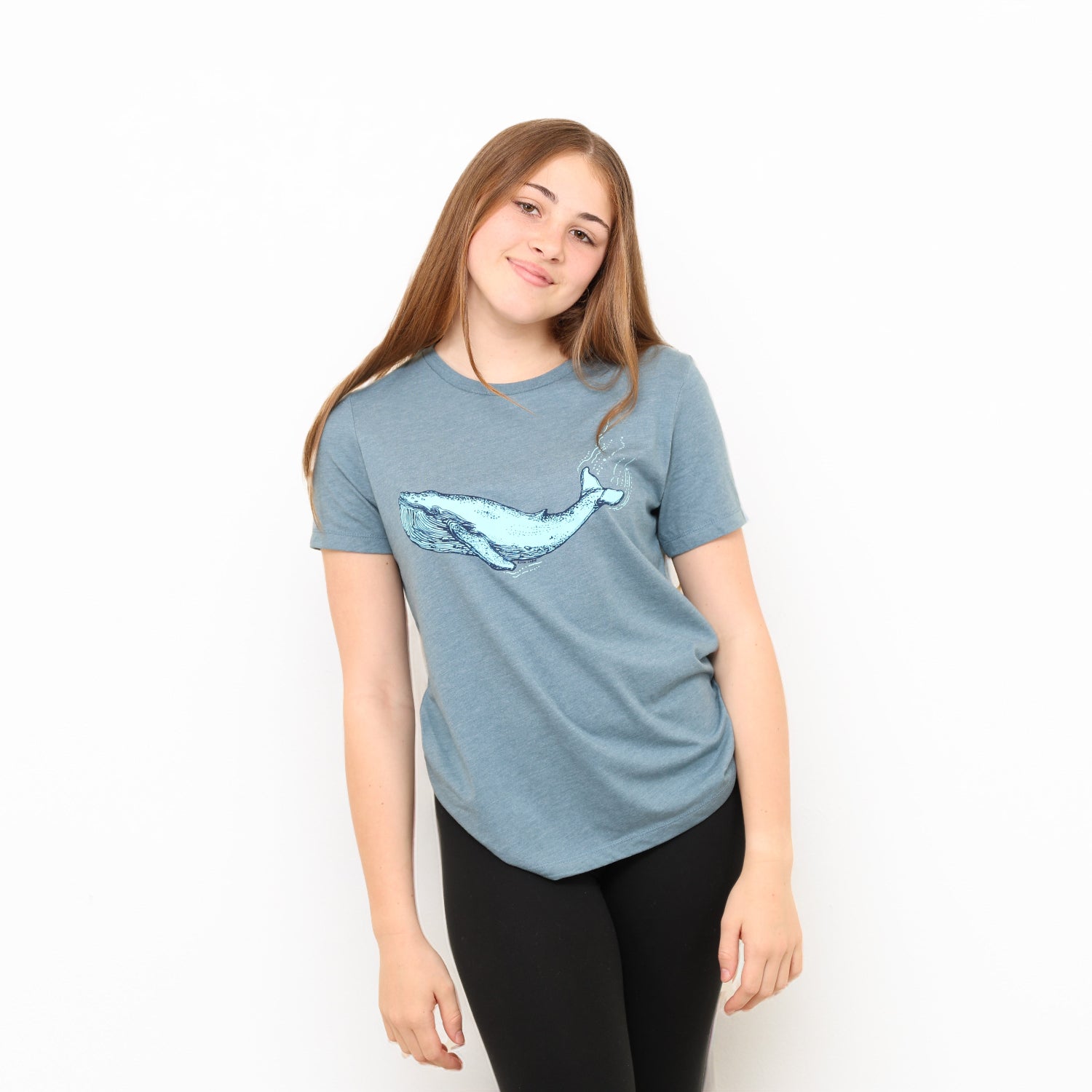 Girl in blue whale t shirt