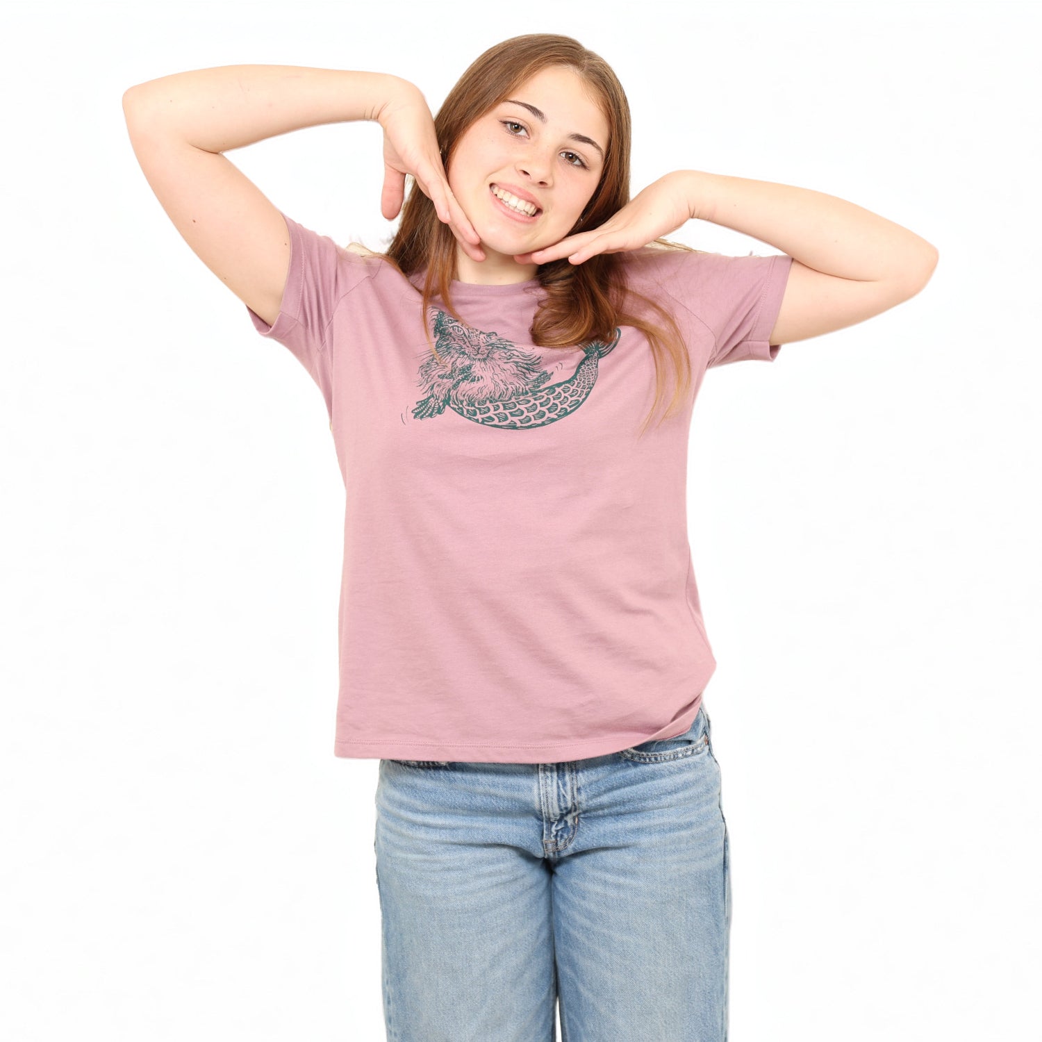 girl wearing t shirt in white backround