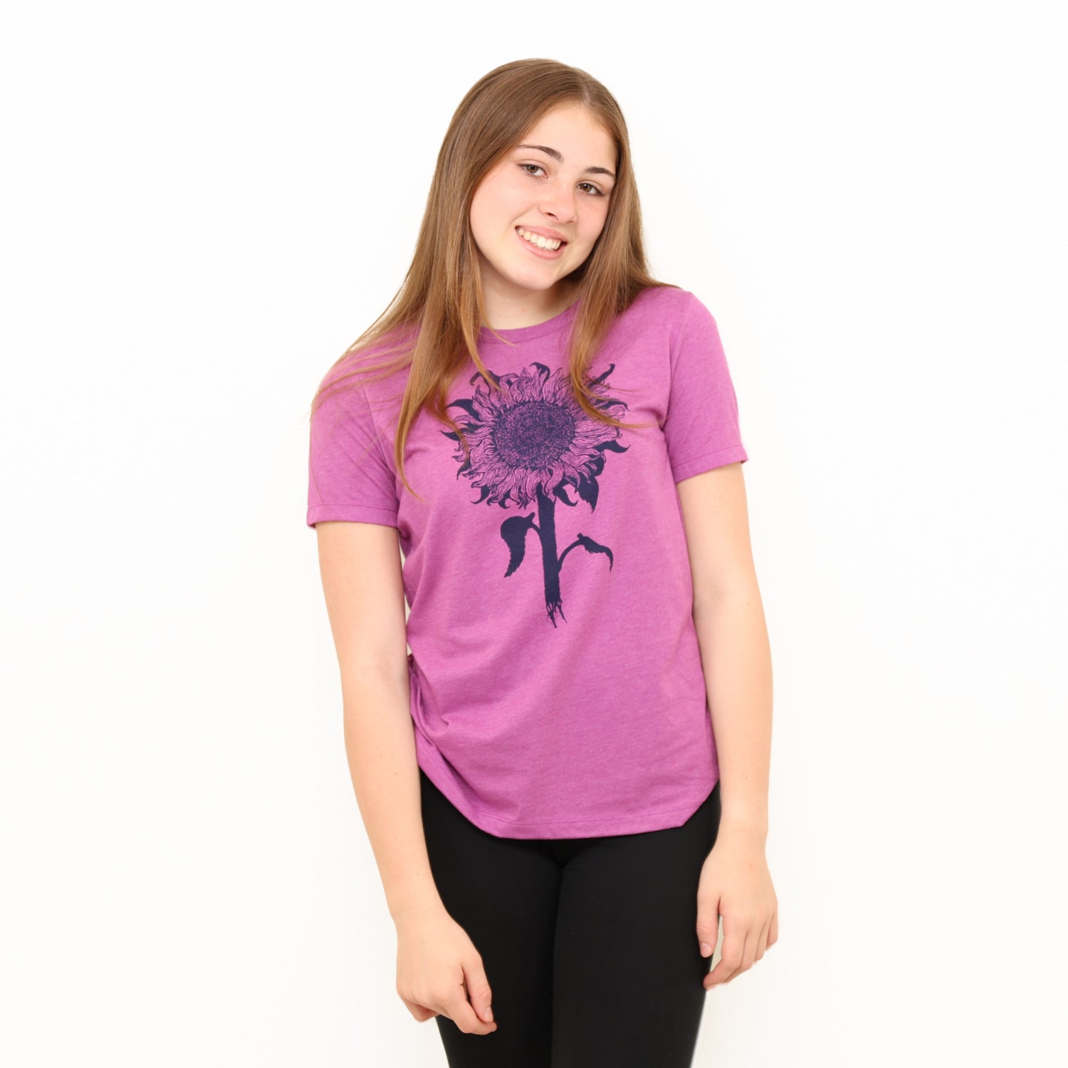 girl wearing slow loris t shire with sunflower on it.