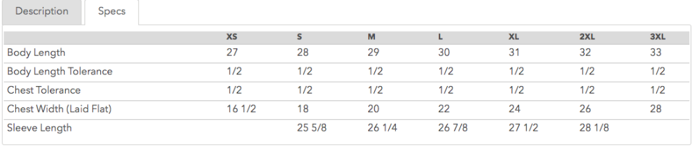 Size chart for long sleeve t shirt.
