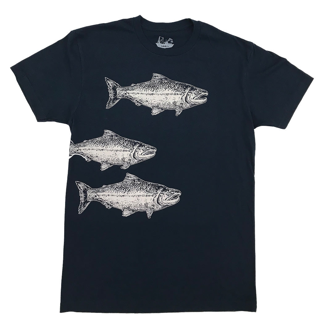 dark blue T shirt with three white salmon prints