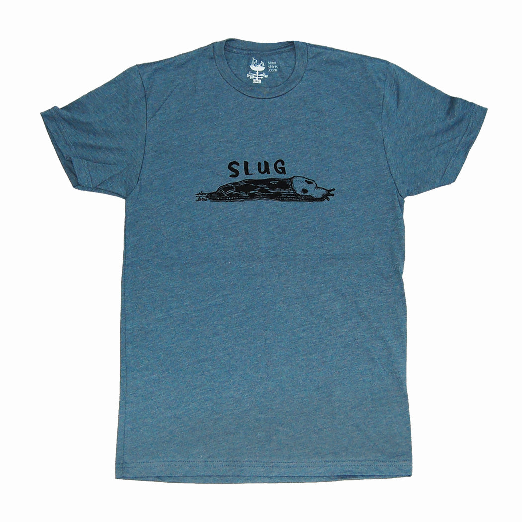 blue t shirt with a slug and the word "SLUG" printed in black ink