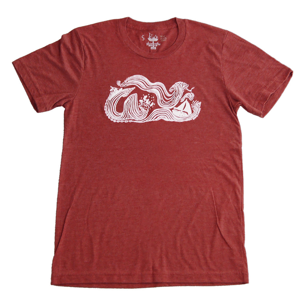 Clay t-shirt with white print of big winds and big seas tossing boats around.