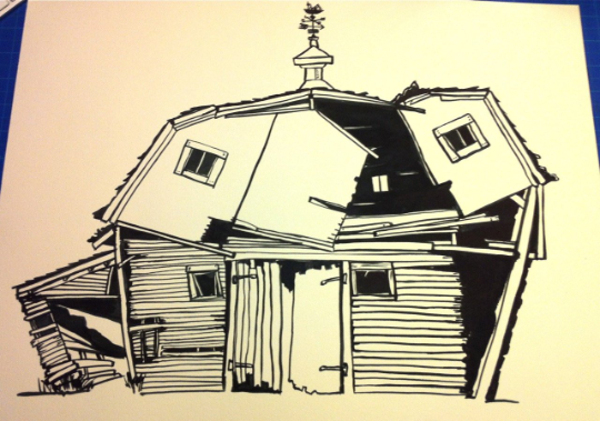 Black and white work in progress ink painting of abandoned barn.