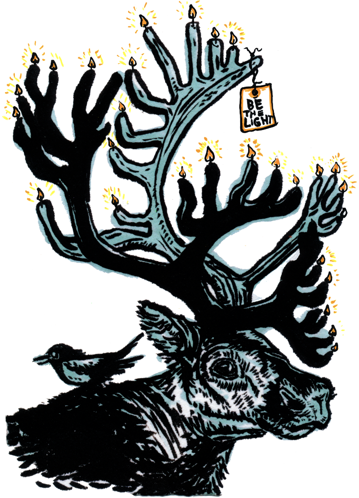 Art print painting of caribou with candles for antlers and a small tag hanging from an antler that reads, "be the light". A magpie perches on the caribou's back.