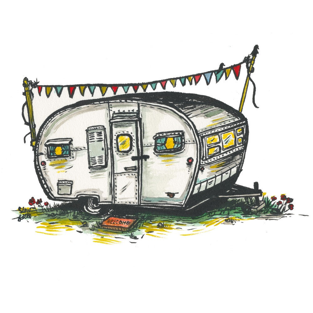Colorful painting of a boles aero camper trailer lit from inside, strung with party flags.