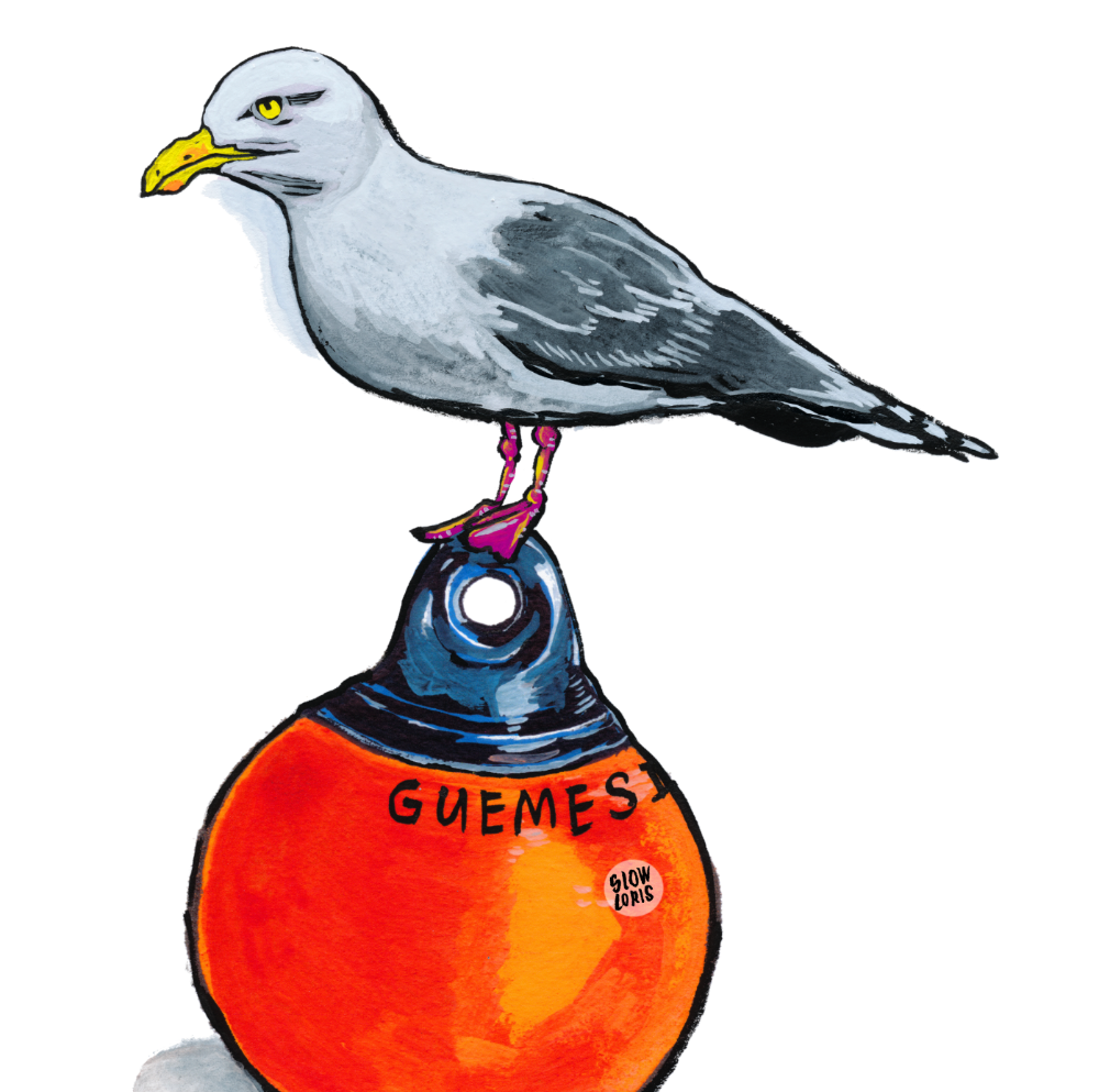 A close-up shot of a colorful art print of a seagull standing on a buoy.