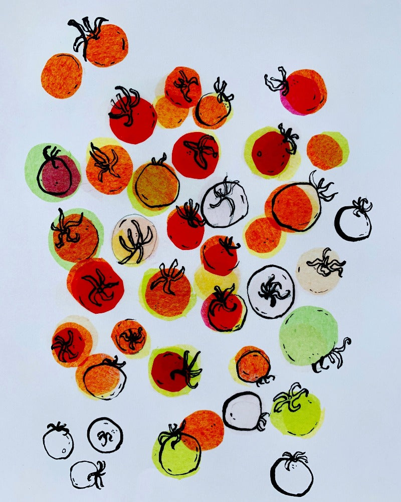 Colorful art print of cherry tomatoes against a white background.