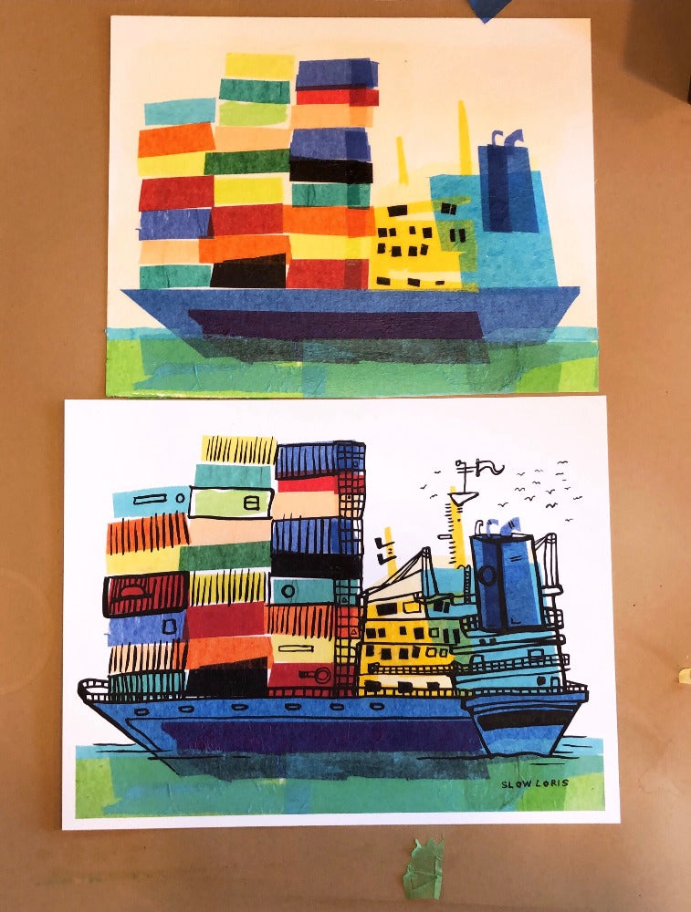 Colorful art print of a container ship next to the tissue collage it was created from, a work in progress.