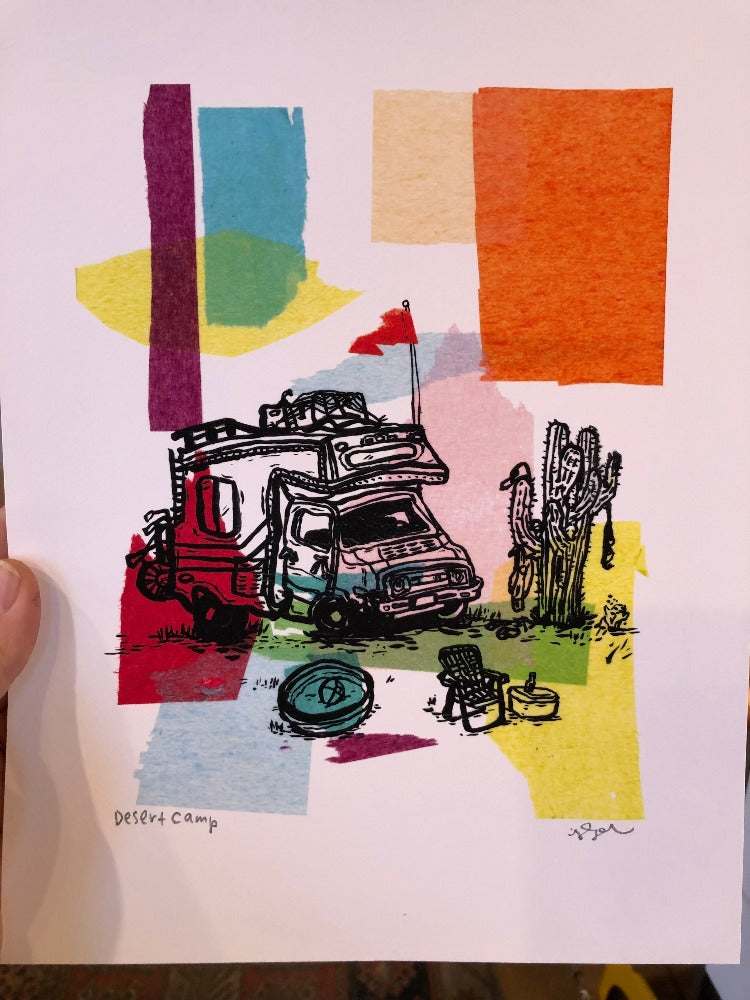 Our Desert Camp art print, a colorful tissue and ink painting of a truck camper parked next to a cactus and lawn chair.