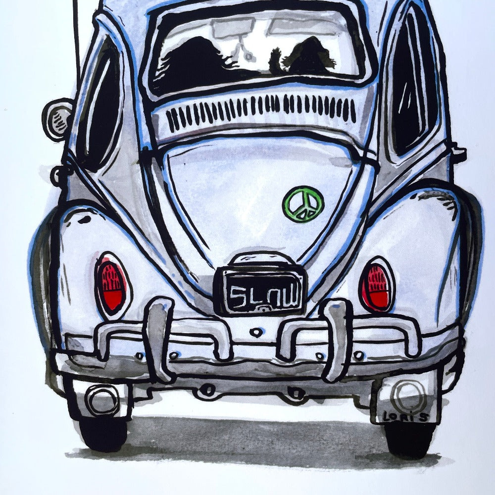 Detail of our Dog Is My Copilot art print, a colorful painting of a VW bug from the rear, with silhouettes of a long-haired person in the driver's seat and a dog in the passenger seat.