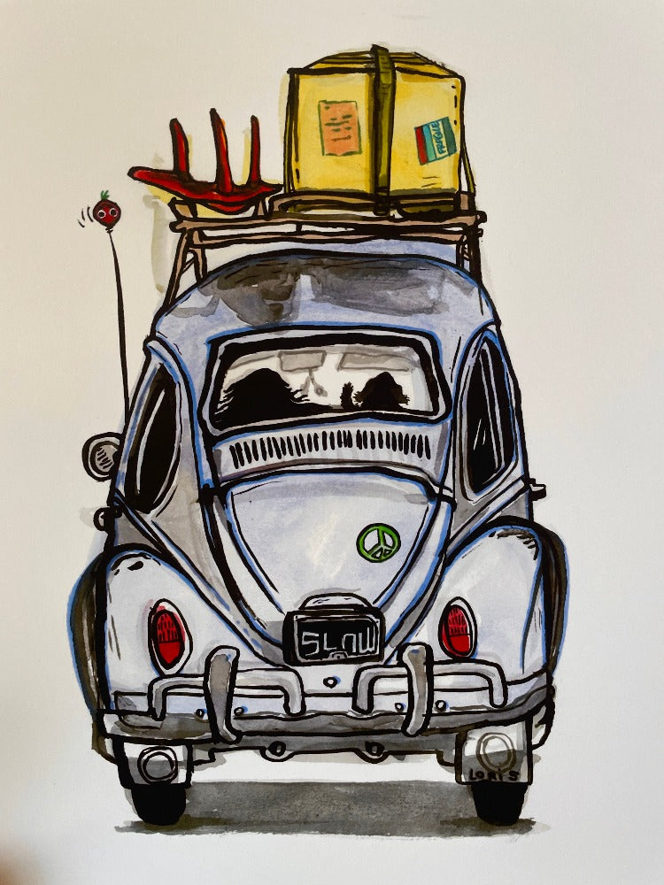 Dog Is My Copilot art print, a colorful painting of a VW bug from the rear, with silhouettes of a long-haired person in the driver's seat and a dog in the passenger seat.