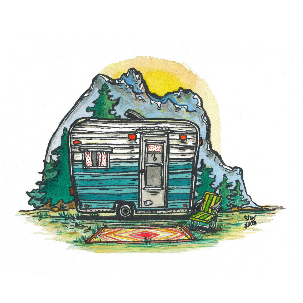 Colorful art print of a vintage Bell camper trailer in a mountainside camp.