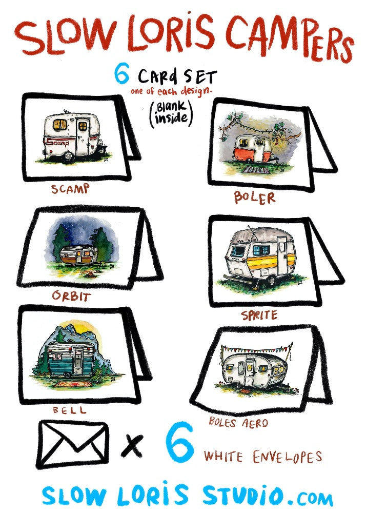 Information card showing each of six designs in our vintage camper trailer series.