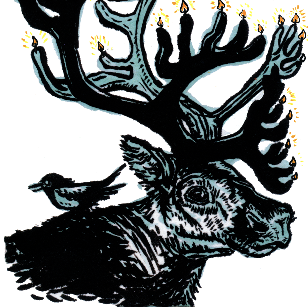 Art print detail - painting of caribou with candles for antlers, magpie perched on back.