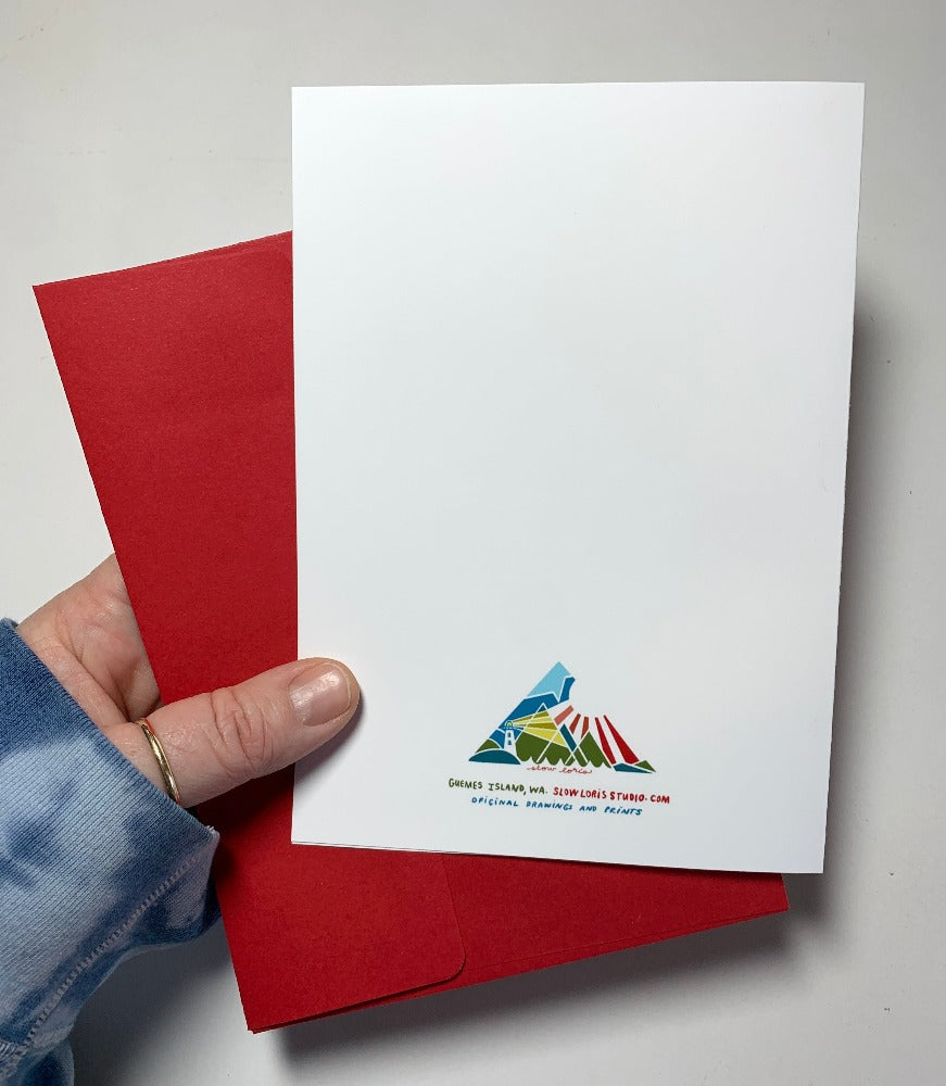 The back of our Warm Fuzzies/Weepuls greeting card, printed with the Slow Loris brand logo and address.