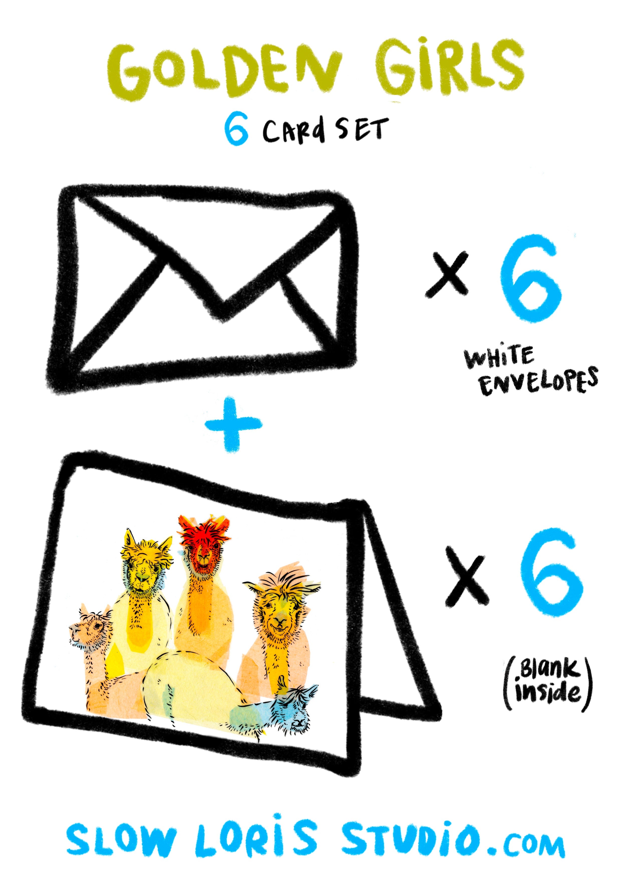 Drawing of a 6 card set of golden alpaca greeting cards plus envelopes.