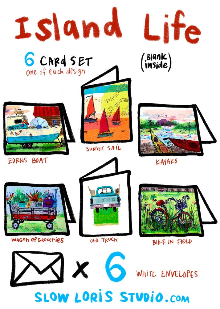 A drawing showing the full set of Island Life cards.