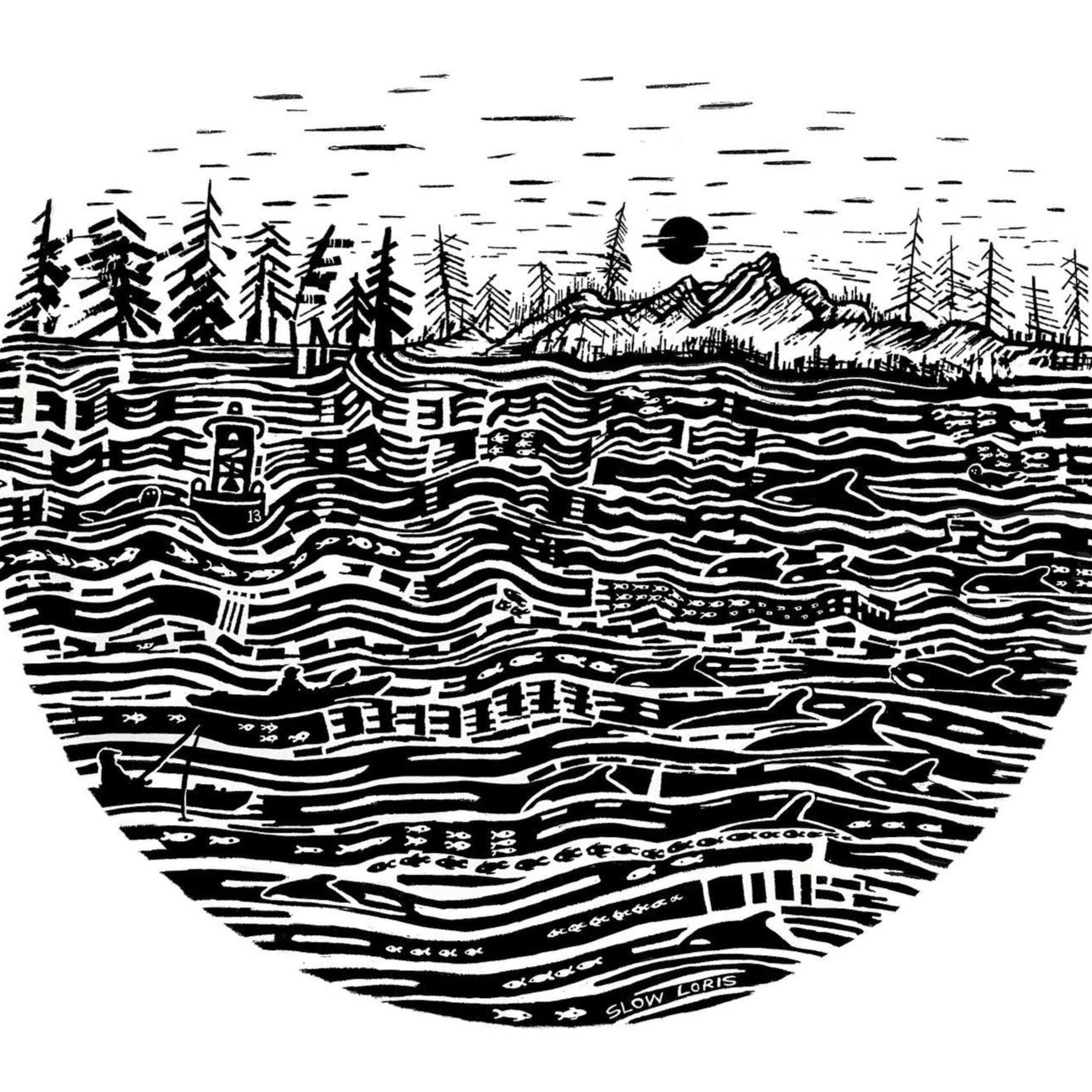 close up of black ink print of the salish sea with mountains, trees, sky in the background.