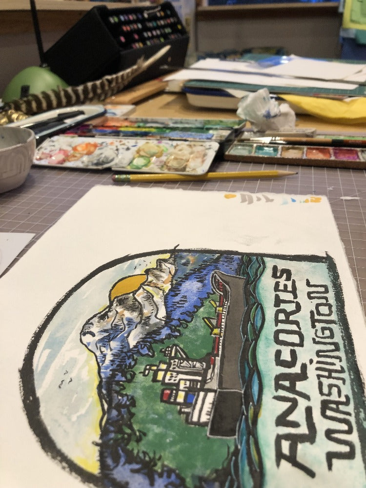 Colorful painting of coastal landscape and container ship, with words Anacortes, Washington underneath, concept art for sticker.