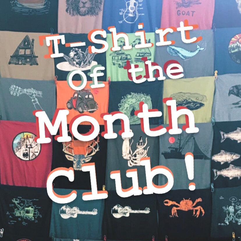 A wall covered in various t shirts with the words T Shirt of the Moth Club printed over the top of the image.