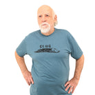 man wearing blue t shirt with a slug and the word "SLUG" printed in black ink