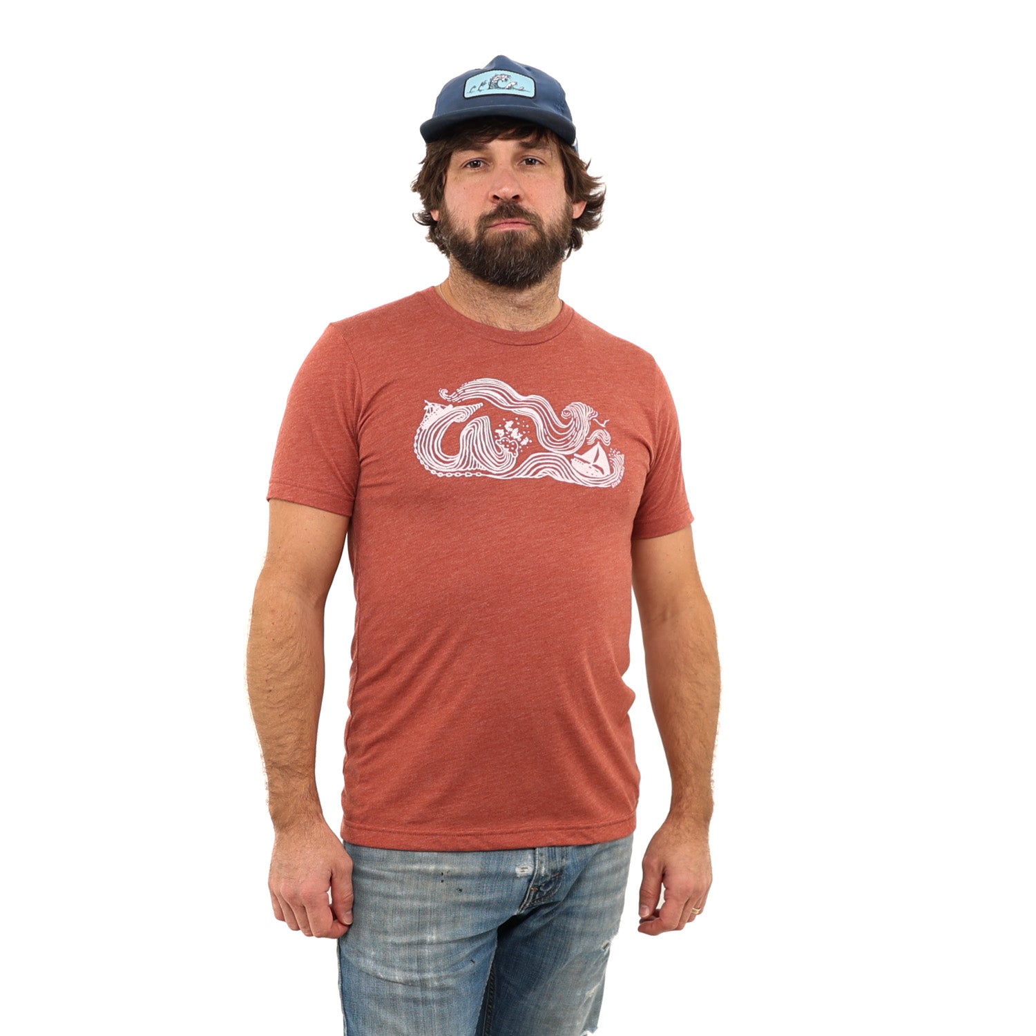 Clay t-shirt with white print of big winds and big seas tossing boats around.