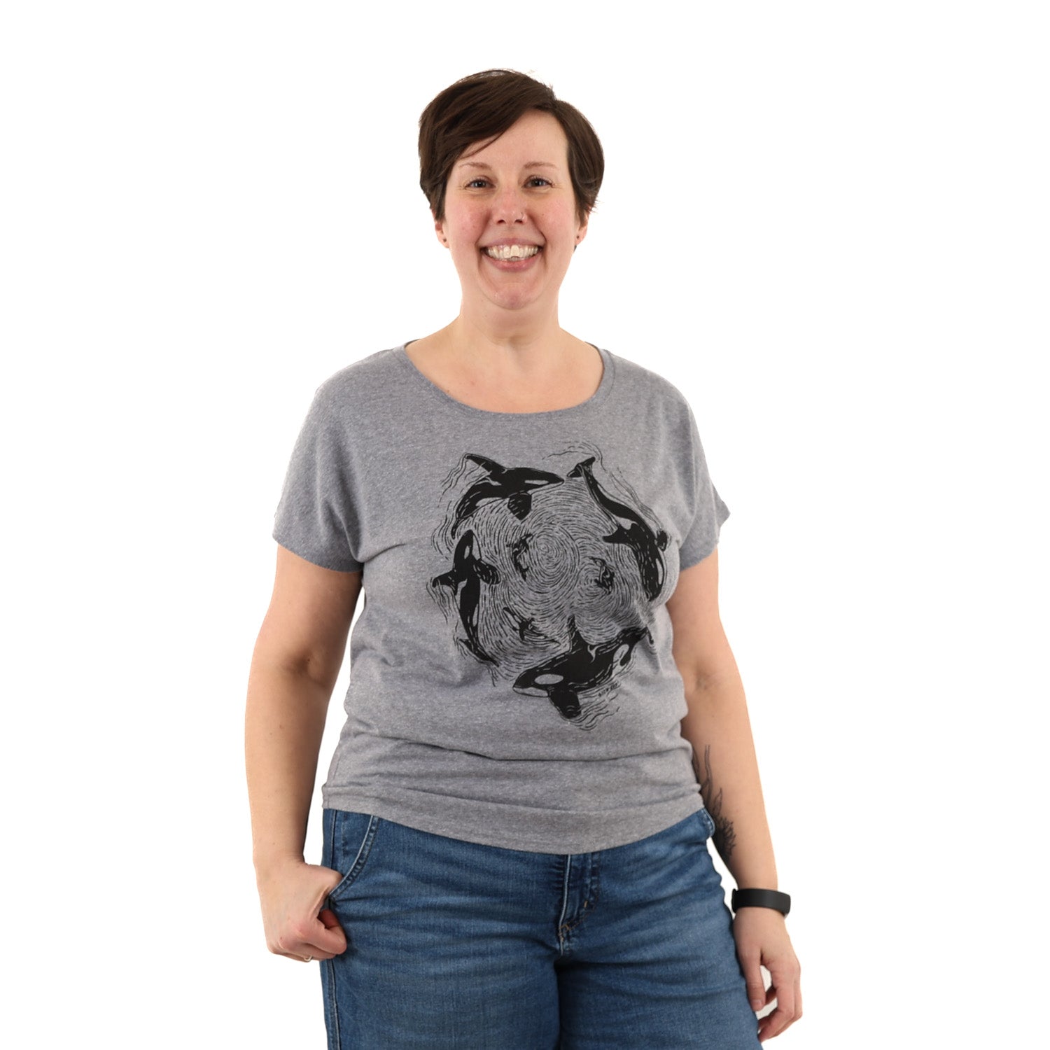  Woman wearing relax fit grey t shirt with orca whales printed in black ink