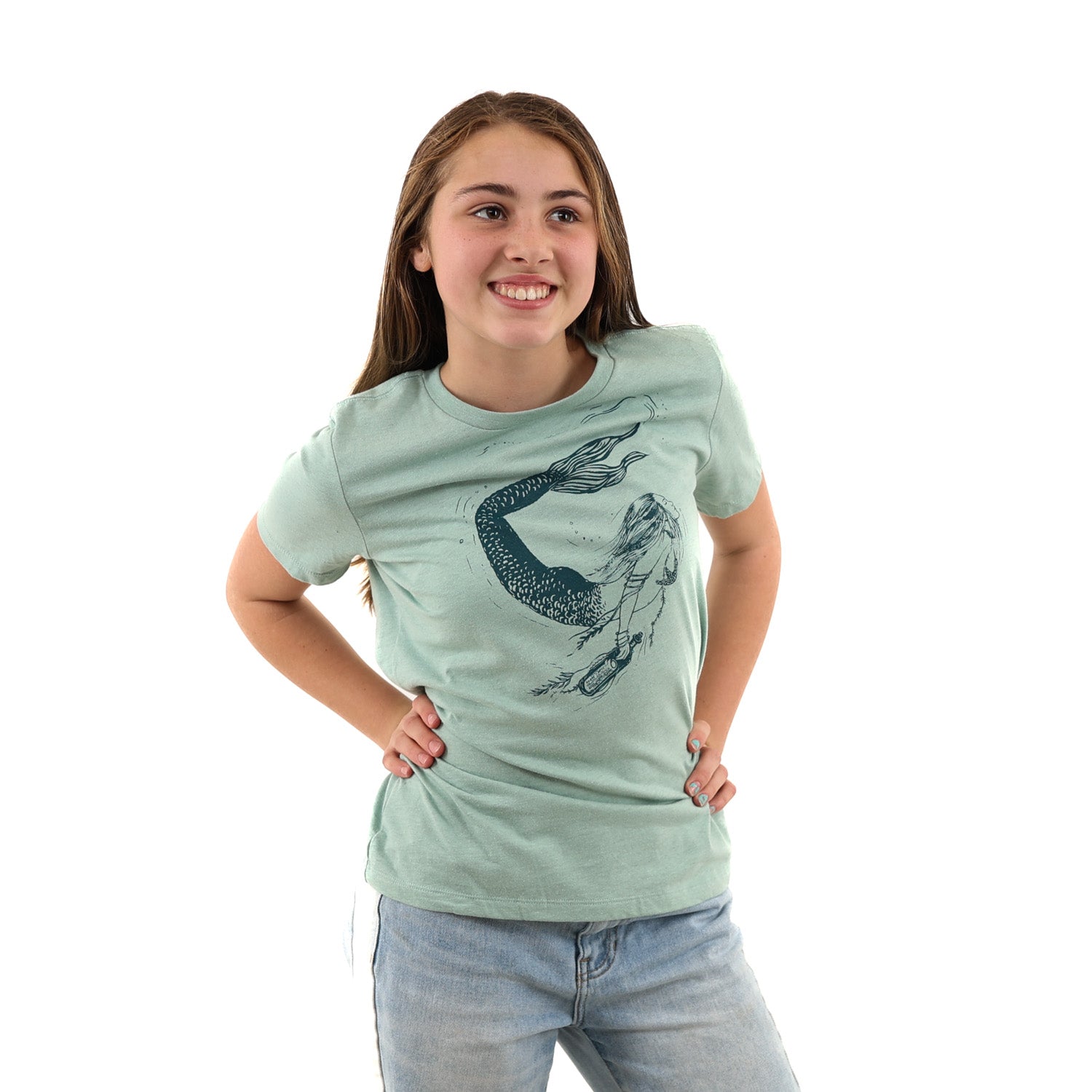 Girl wearing light green t shirt with a mermaid printed in green ink