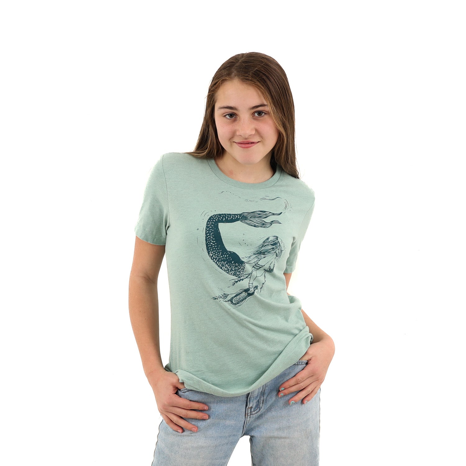 Girl wearing light green t shirt with a mermaid printed in green ink