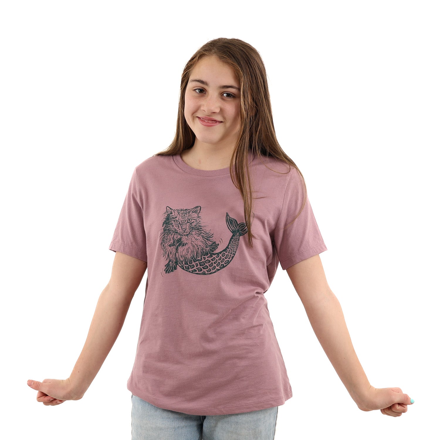 Girl wearing pink shirt with mermaid kitty printed on green ink