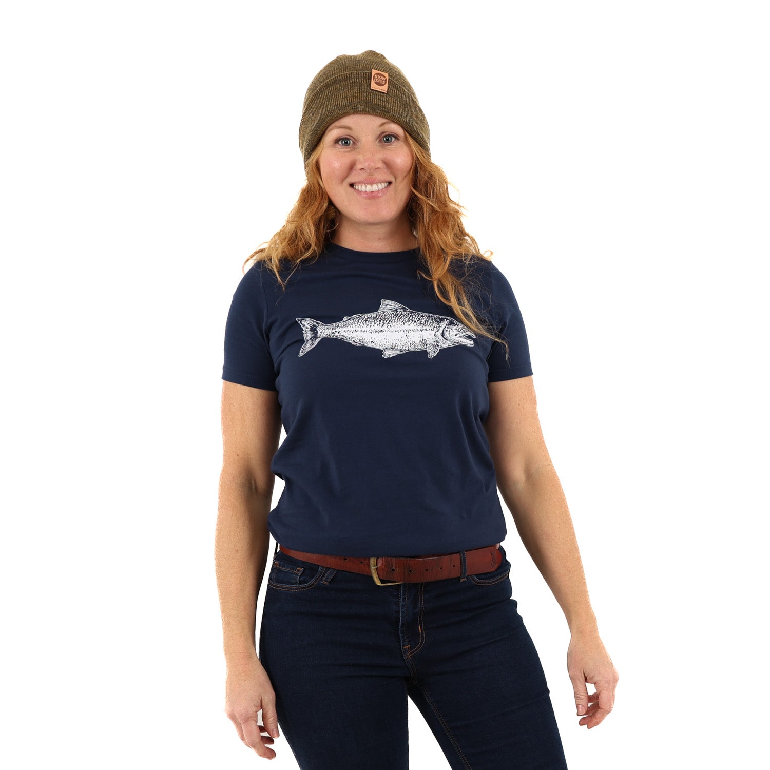 Woman wearing fitted navy blue t shirt with a salmon printed in white ink