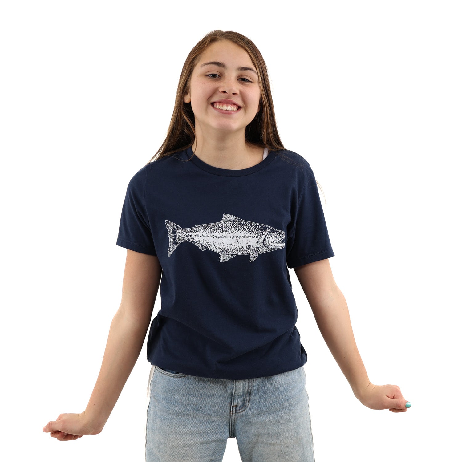 Girl wearing fitted navy blue t shirt with a salmon printed in white ink