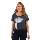 Woman wearing loose fitted blue t shirt with white print