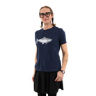 Woman wearing fitted navy blue t shirt with a salmon printed in white ink -
