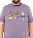 man wearing a light purple colored shirt with three mushrooms- morel, chantrelle, and shaggy mane