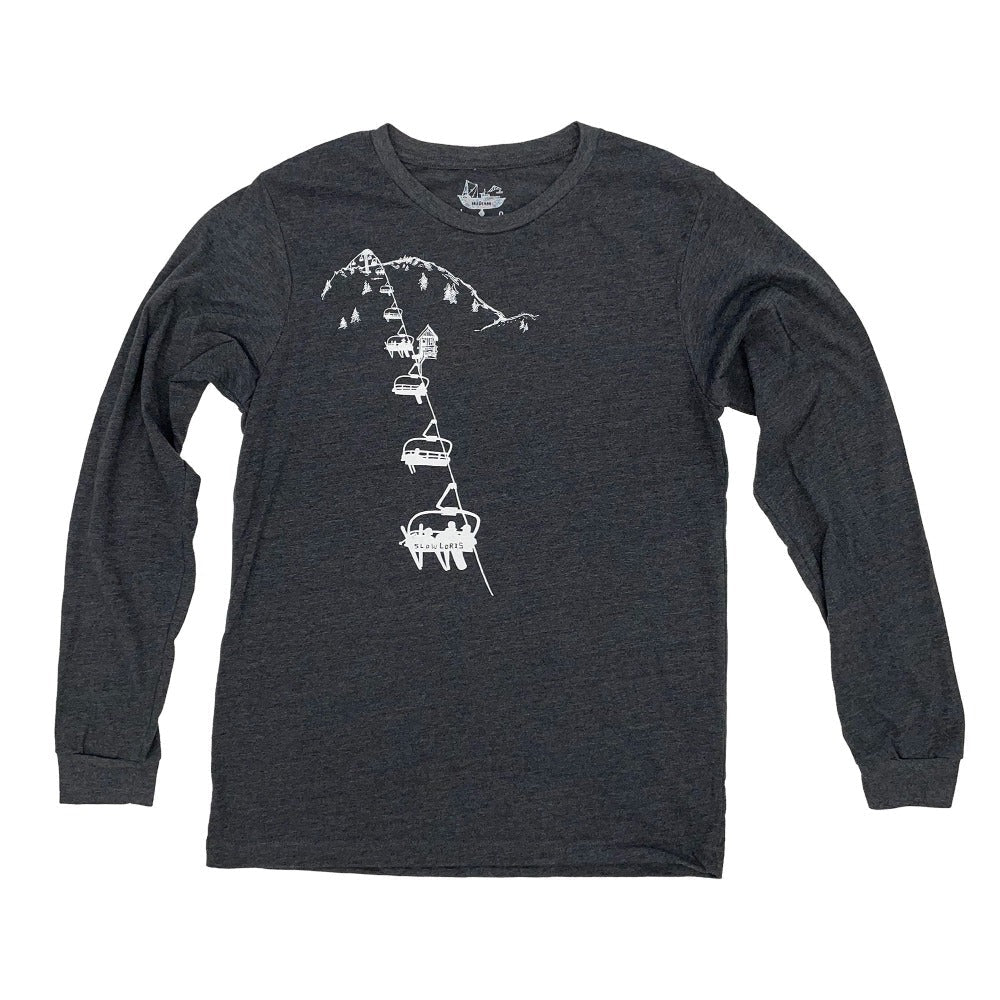 Charcoal gray long sleeve t shirt printed with a chairlift in white ink.
