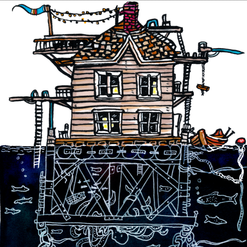 Art print painting of a colorful cartoon 3 story house underwater scene detail close-up.