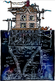 Art print painting of a colorful cartoon 3 story house underwater scene.