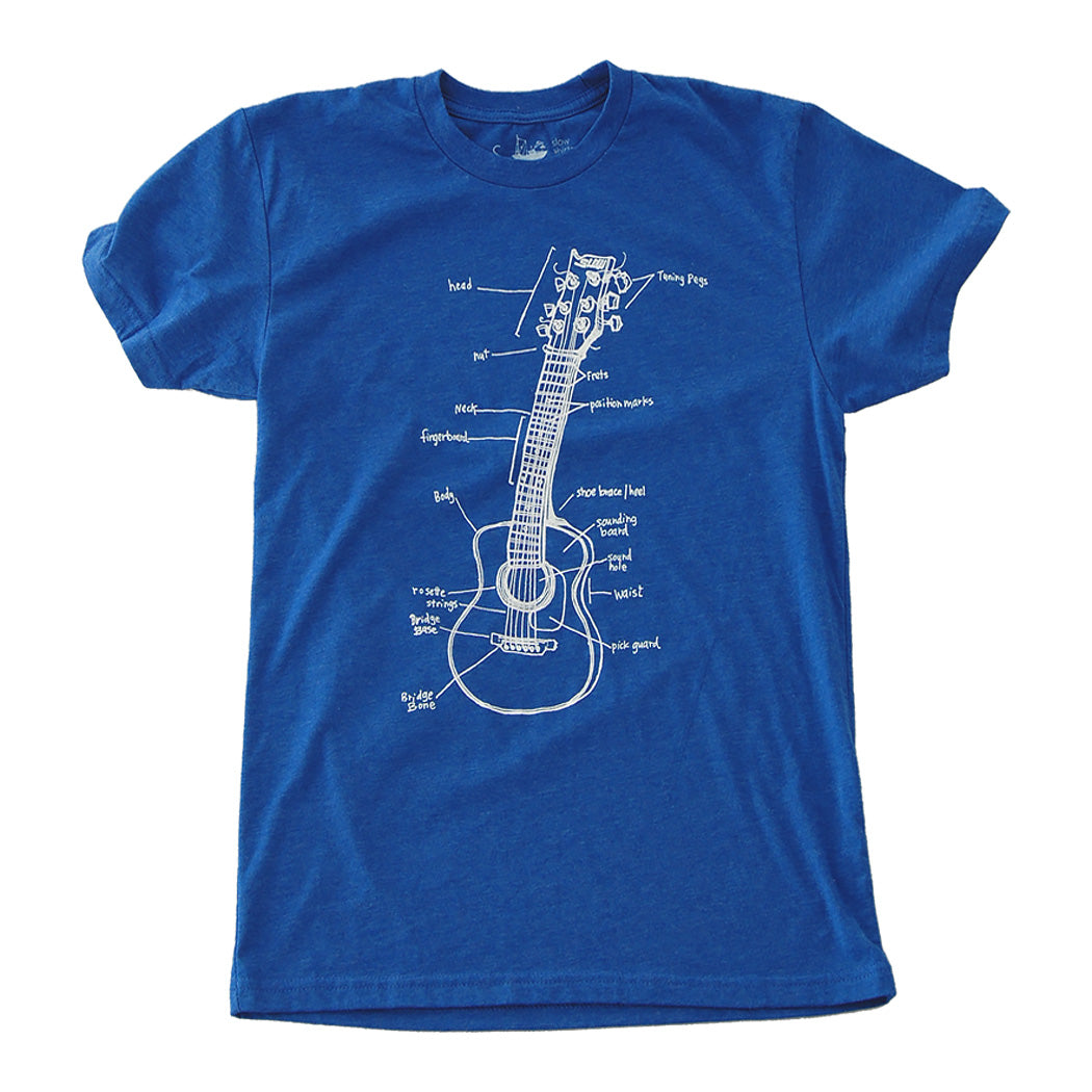 blue t-shirt with a guitar on it with labeled parts.