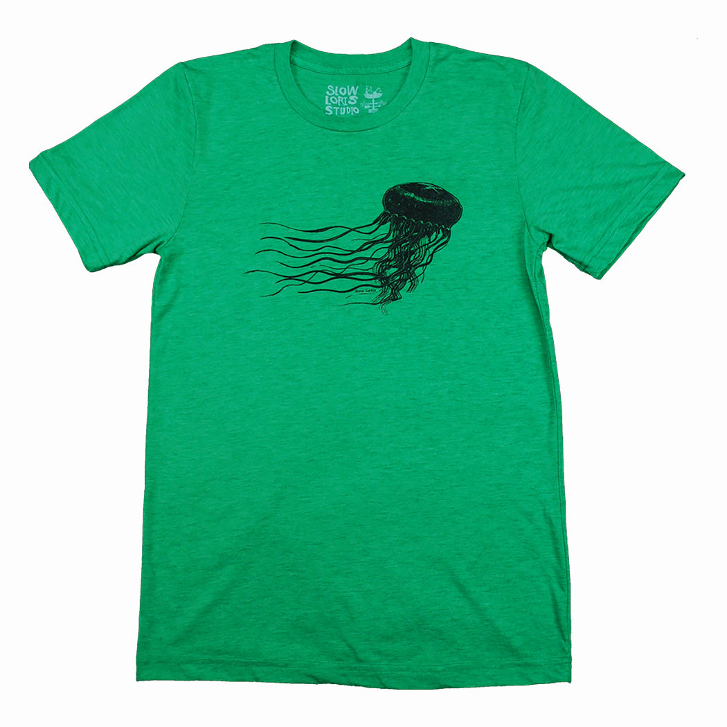 green t-shirt with a black jellyfish print