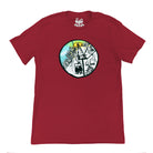 Flat view of red t-shirt with a chairlift design. View is like you are sitting on one of the chairs looking up at the line of chairs ahead up the mountain.