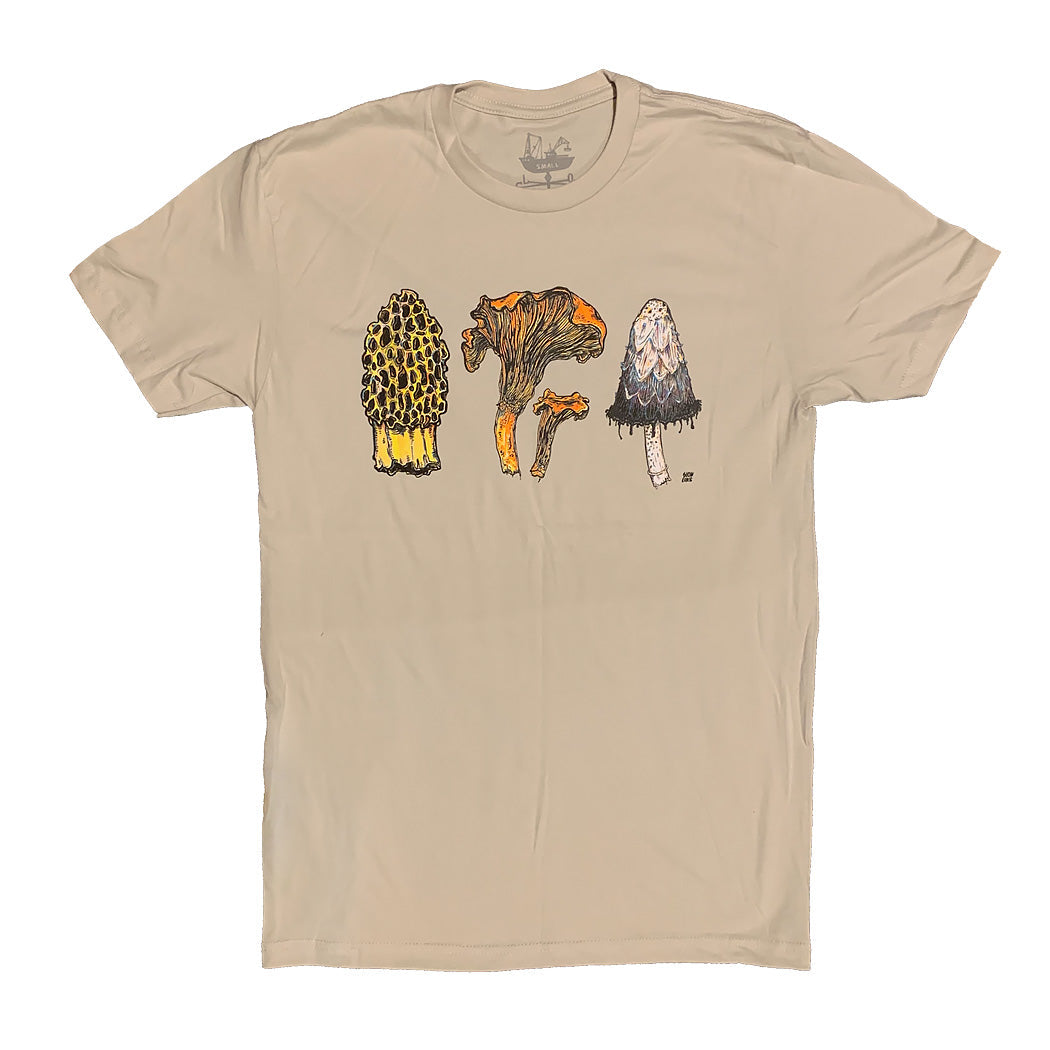 flat shirt of a tan colored shirt with three mushrooms- morel, chantrelle, and shaggy mane