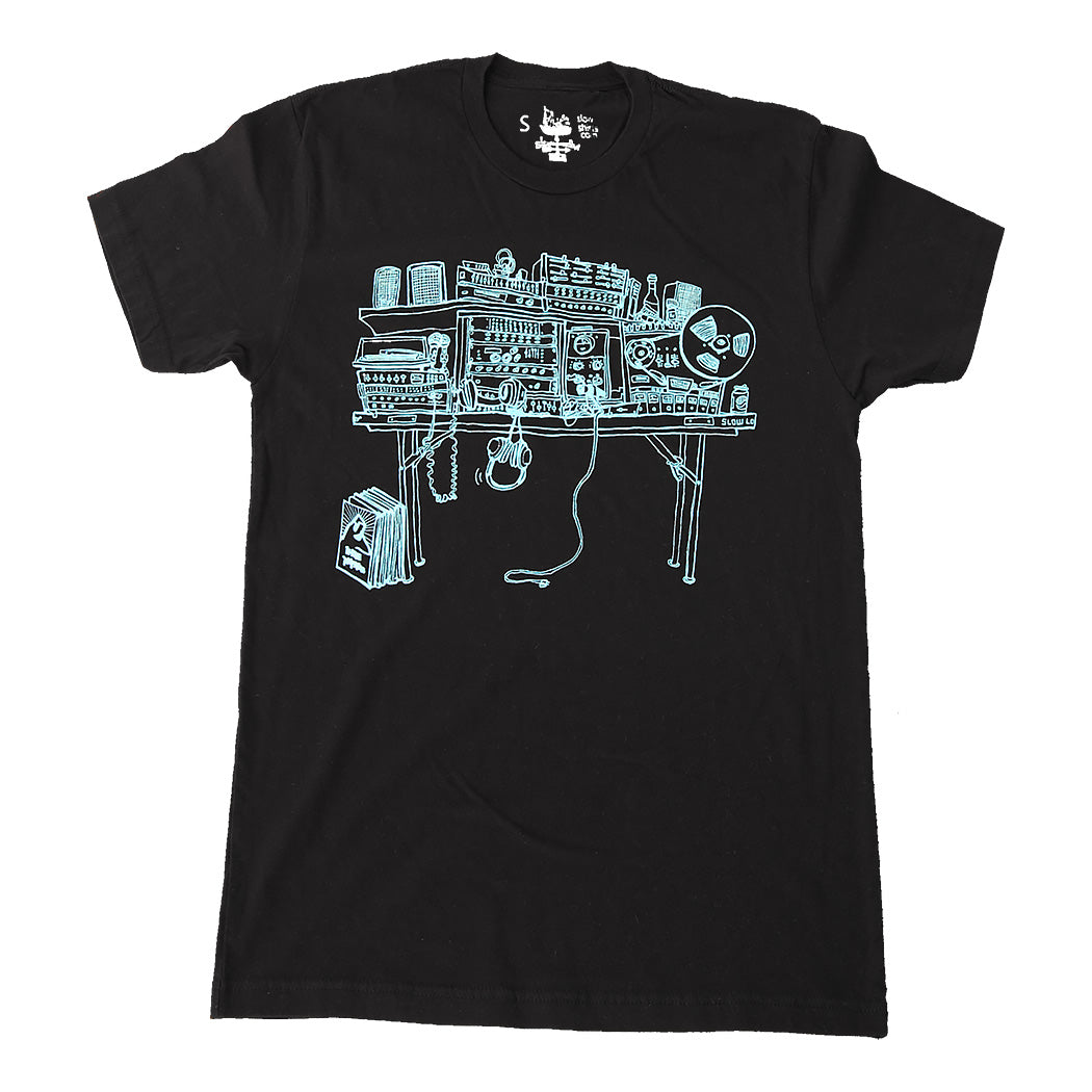 black t-shirt with light blue ink of a recording studio